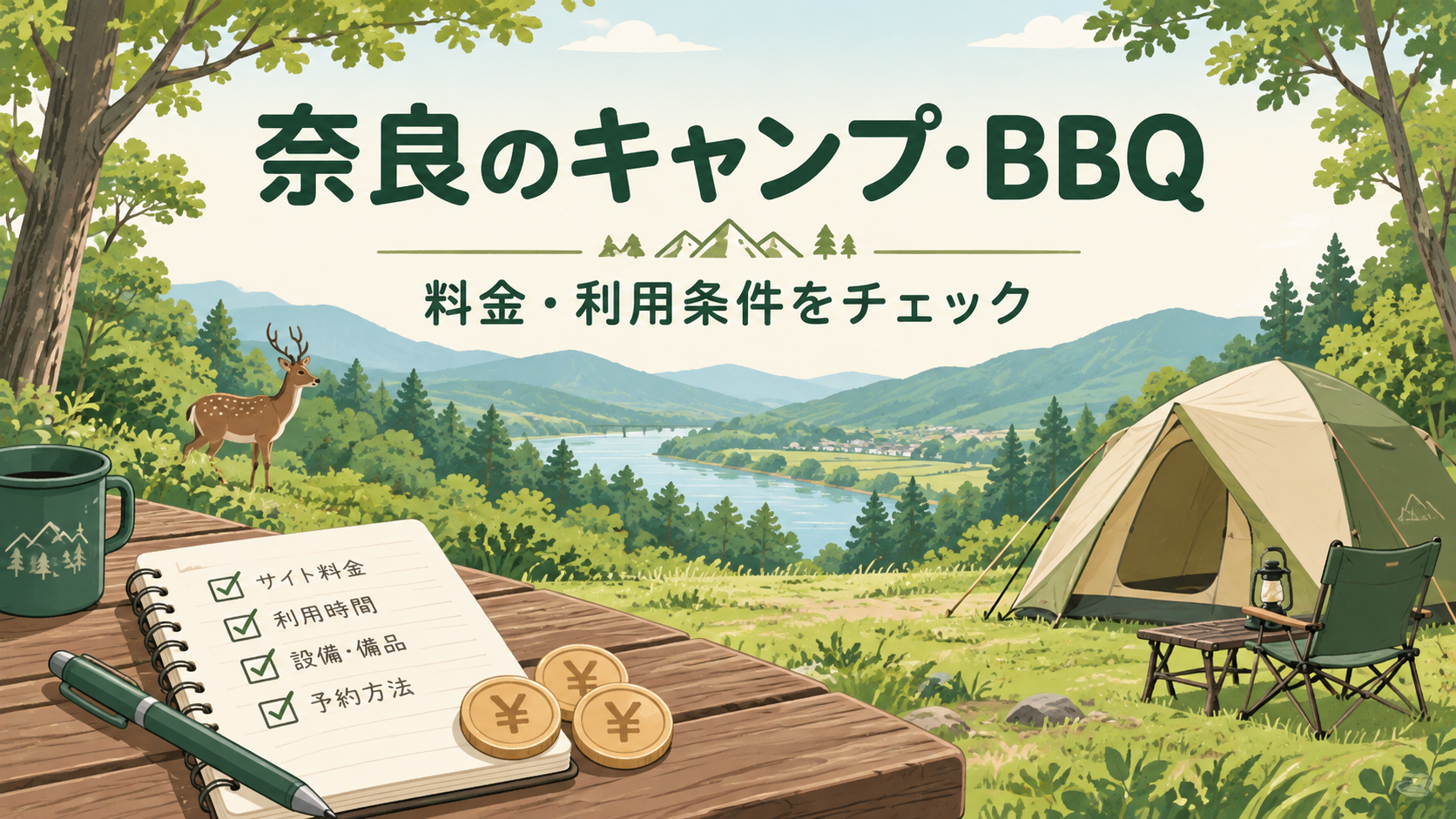 奈良のキャンプ・BBQで料金と利用条件を確認するためのイメージイラスト